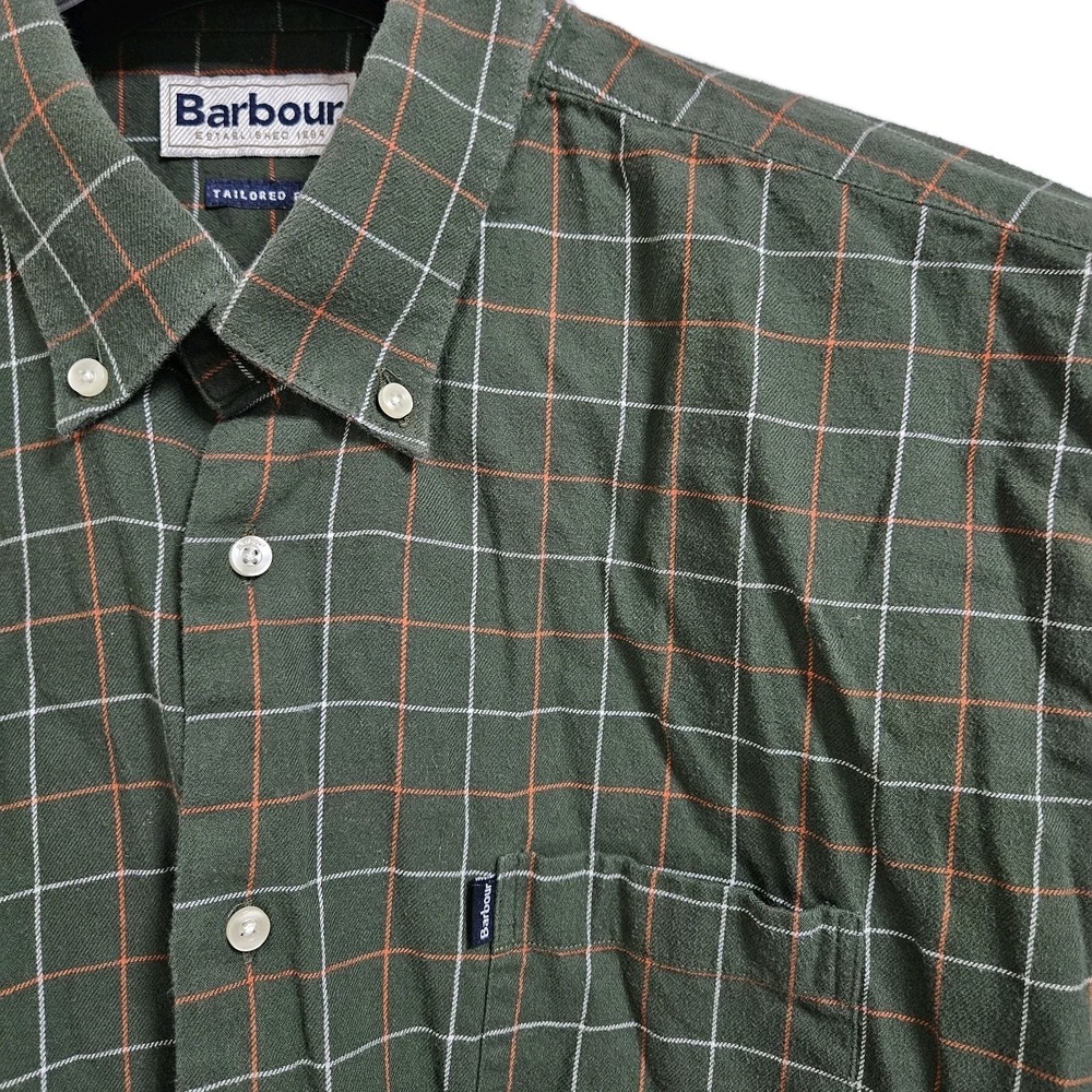 Barbour Tailored Fit Button Down Shirt Mens XL Green Plaid Long‎ Sleeve Pocket